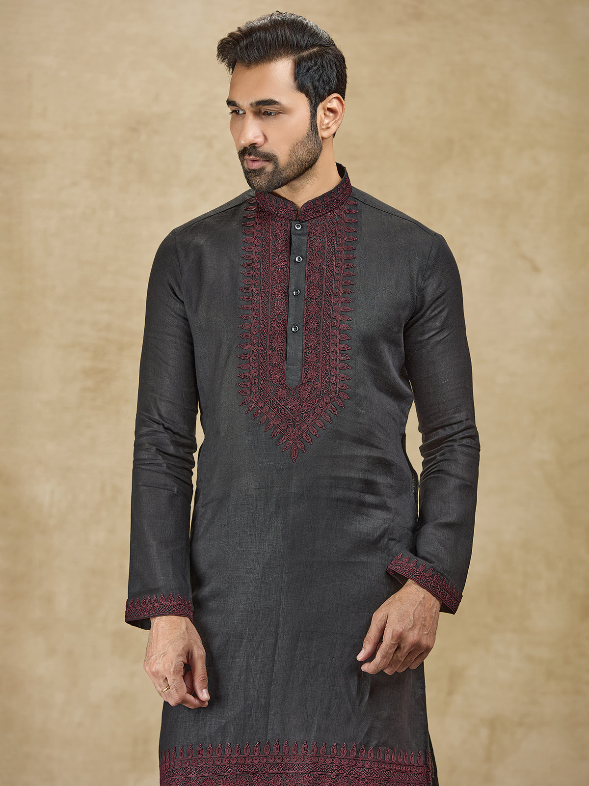Charcoal black linen kurta suit with thread detailing