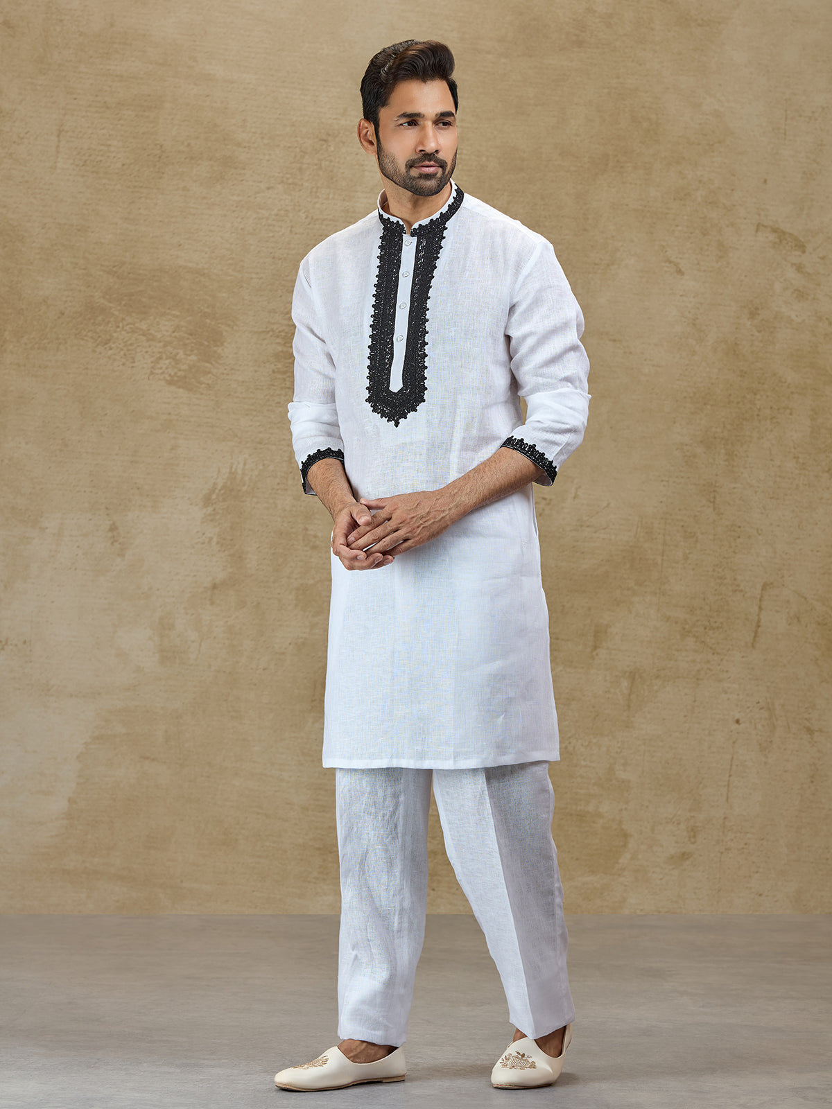 White linen festive wear kurta suit