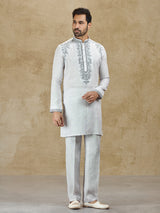 Ice grey linen kurta suit with embroidery