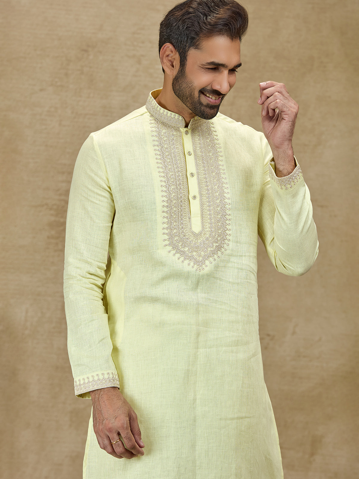 Lime yellow pure linen kurta suit for festive celebrations