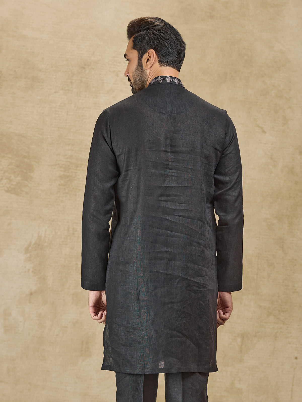 Black thread worked kurta in pure linen