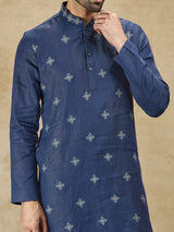 Navy linen men kurta with thread detailing
