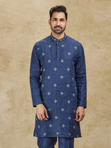 Navy linen men kurta with thread detailing