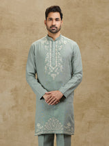 Mint blue festive wear pure linen kurta for men