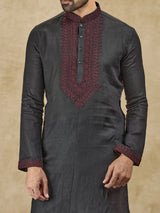 Charcoal black linen kurta with thread detailing