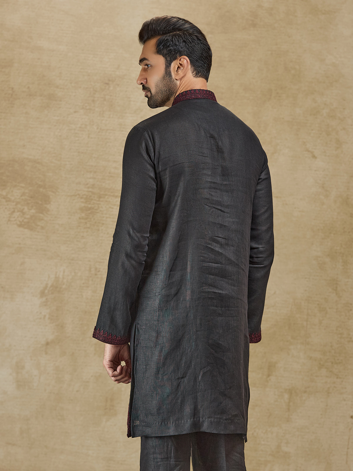 Charcoal black linen kurta with thread detailing