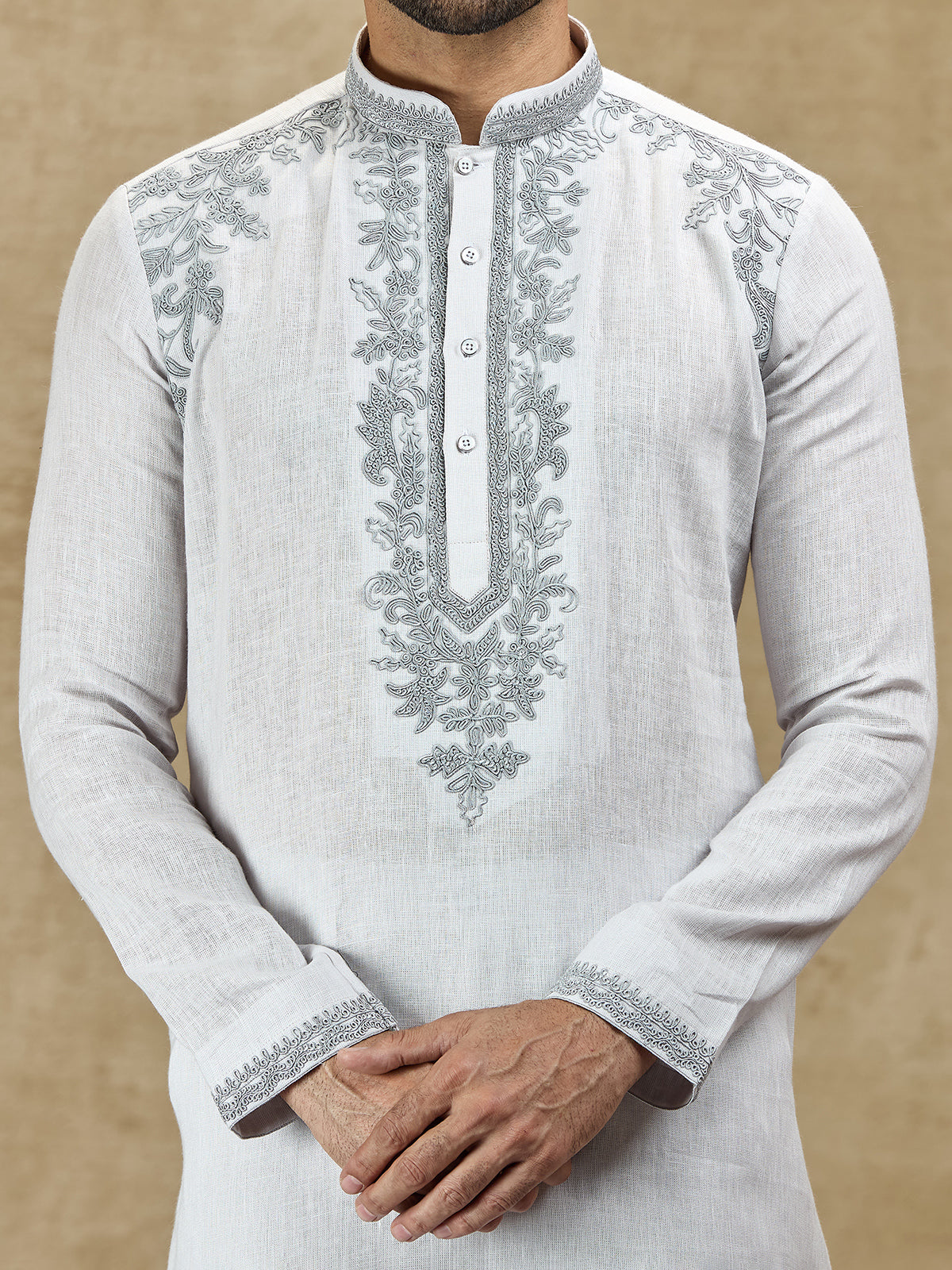 Ice grey linen kurta with embroidery