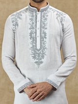 Ice grey linen kurta with embroidery