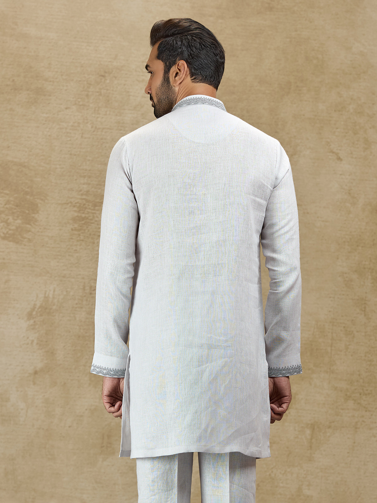 Ice grey linen kurta with embroidery