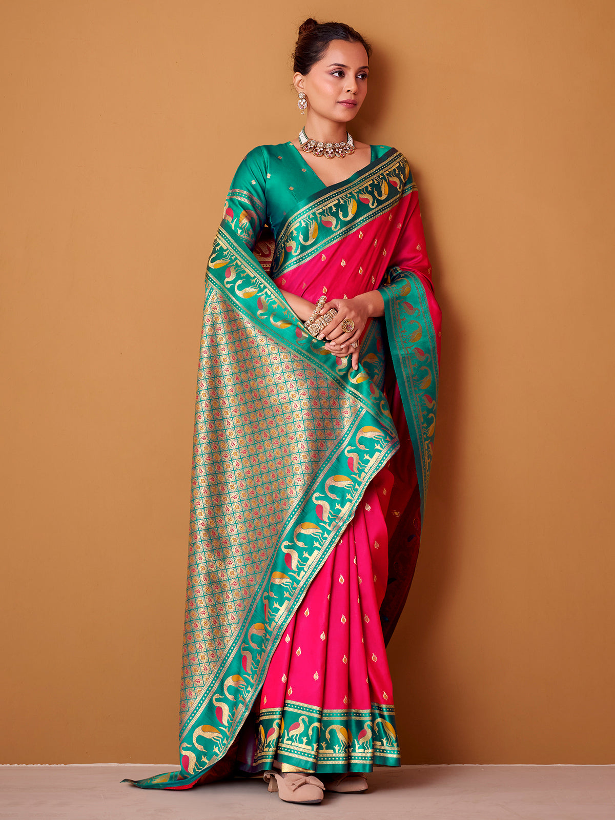 Rani pink zari worked satin silk saree