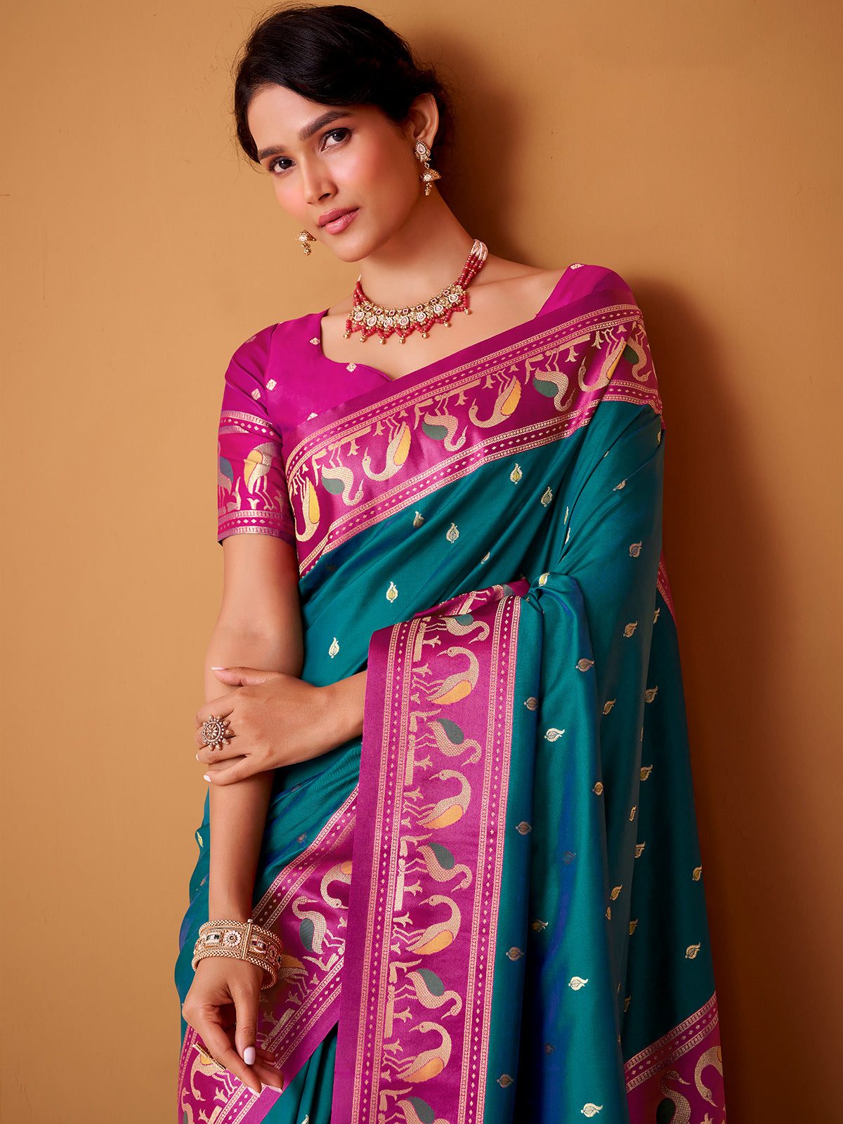 Rama blue satin silk saree with bold pink border