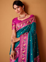 Rama blue satin silk saree with bold pink border