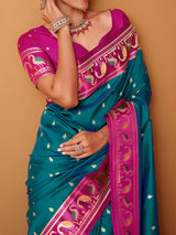 Rama blue satin silk saree with bold pink border