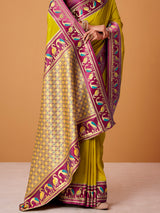 Yellow festive wear satin silk saree with zari shine