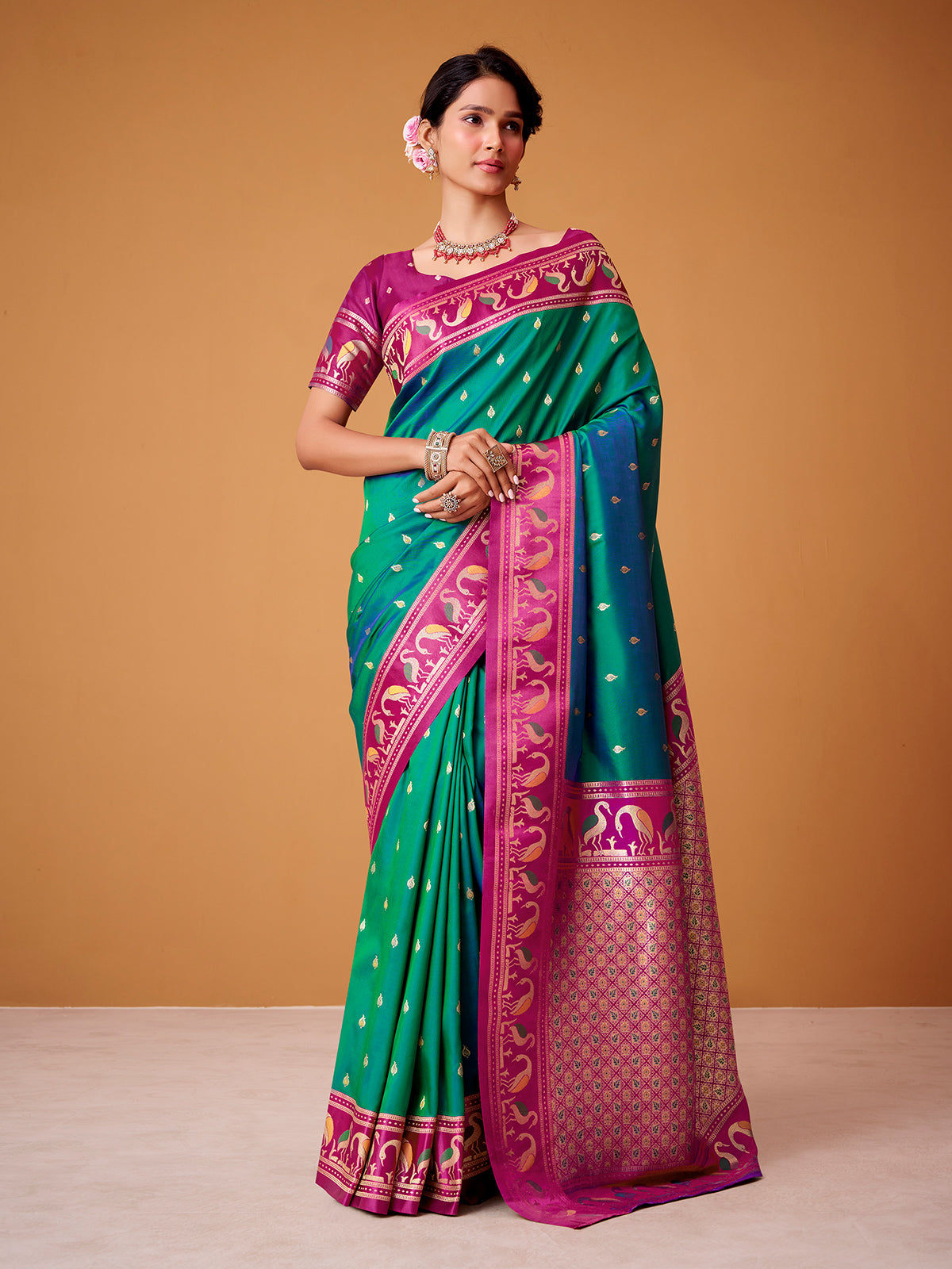 Rama green satin silk saree with highlighted border