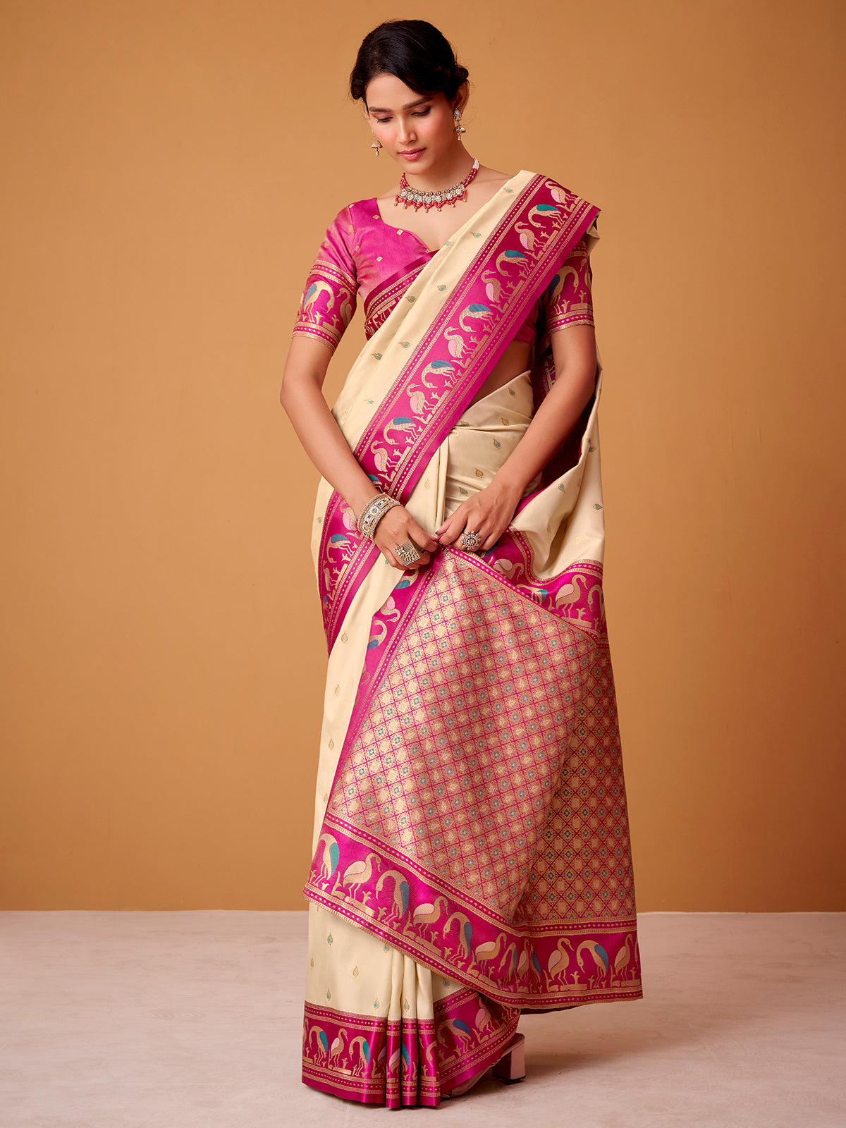 Cream satin silk saree with gorgeous pink border