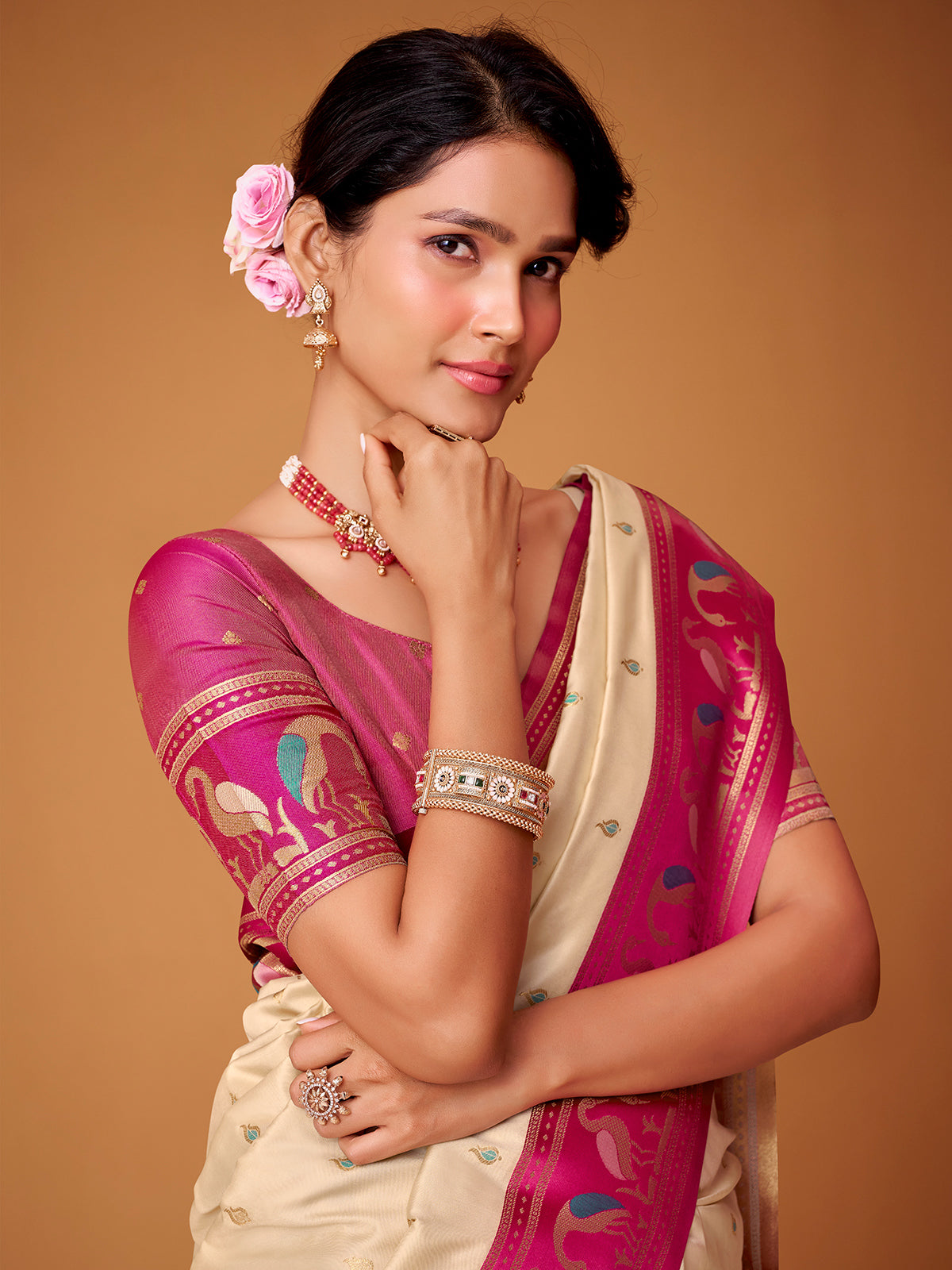 Cream satin silk saree with gorgeous pink border