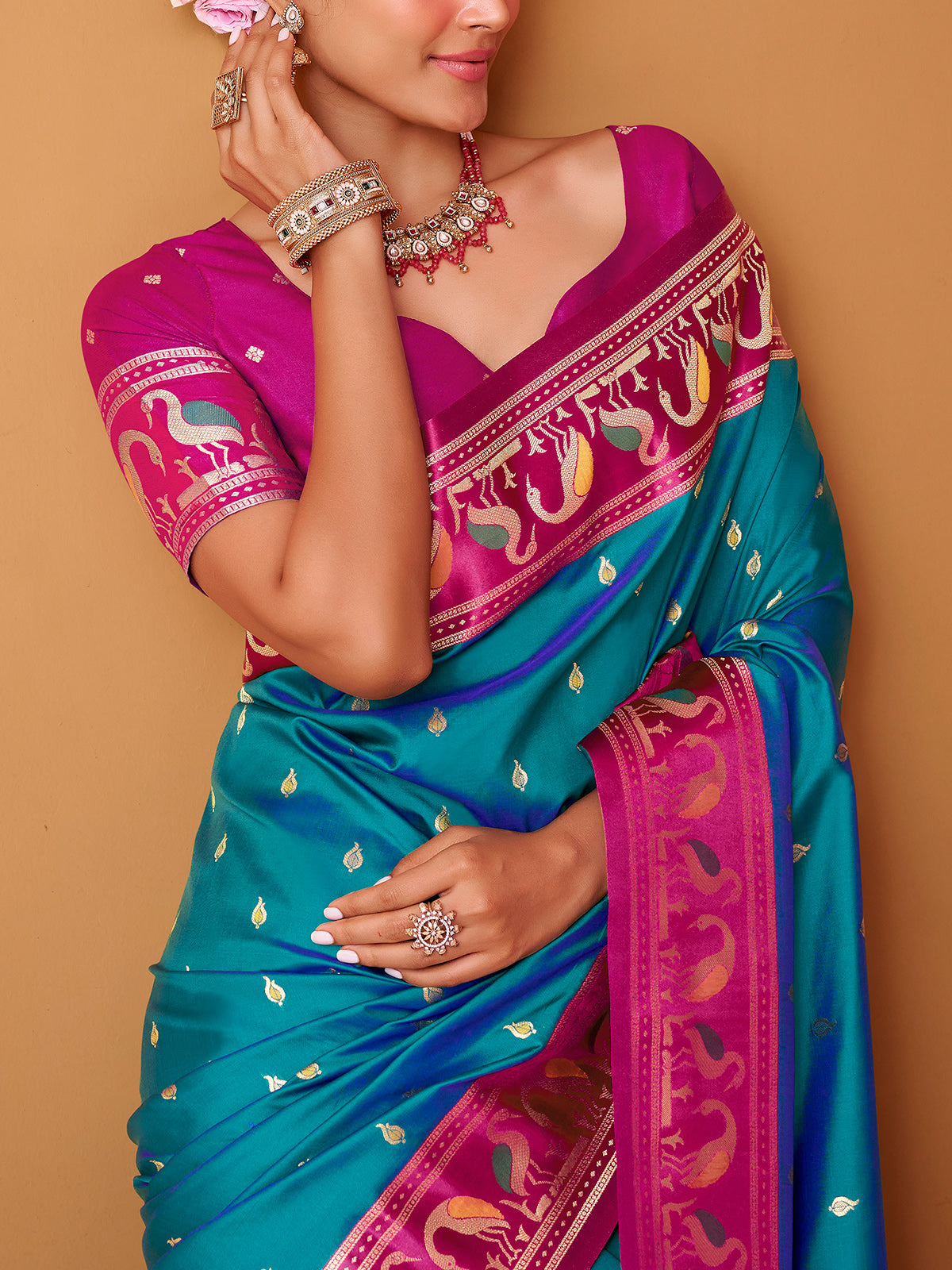 Blue festive wear satin silk saree with zari shine