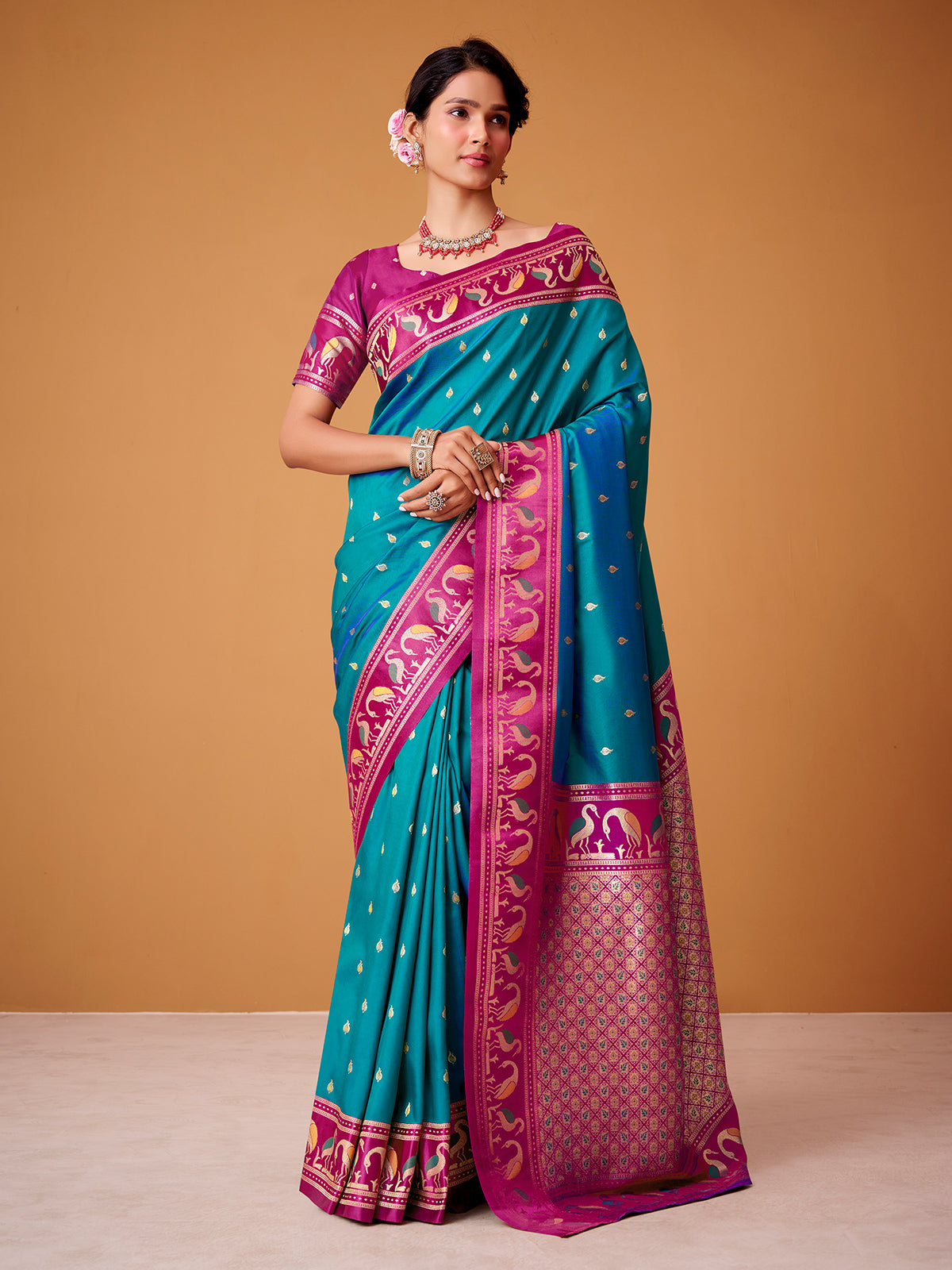 Blue festive wear satin silk saree with zari shine