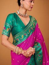 Magenta satin silk saree with bold rama green border