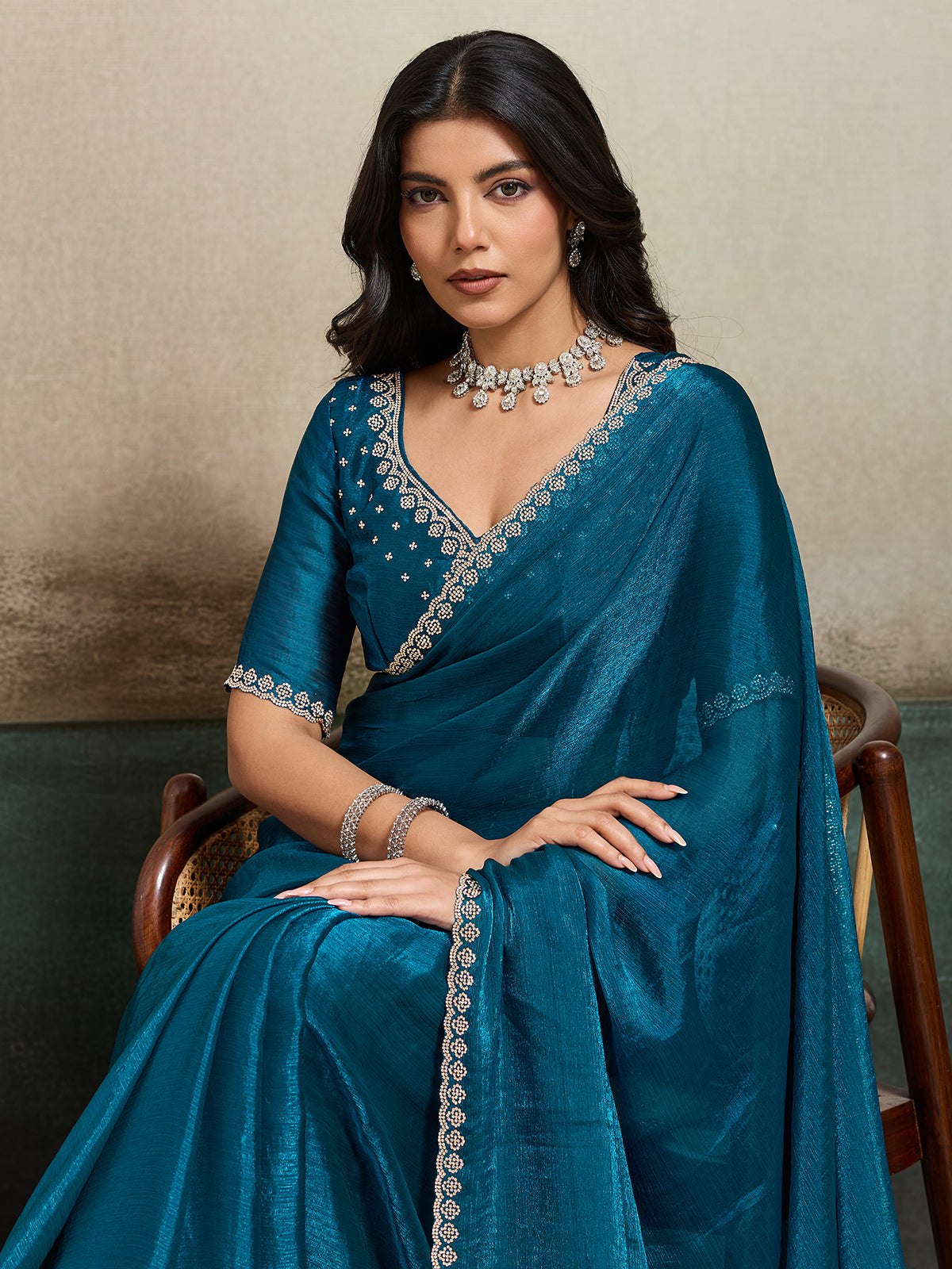 Rama blue fandy chiffon saree for party