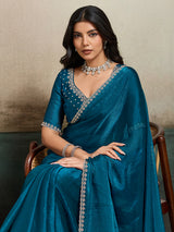 Rama blue fandy chiffon saree for party