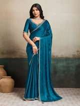 Rama blue fandy chiffon saree for party