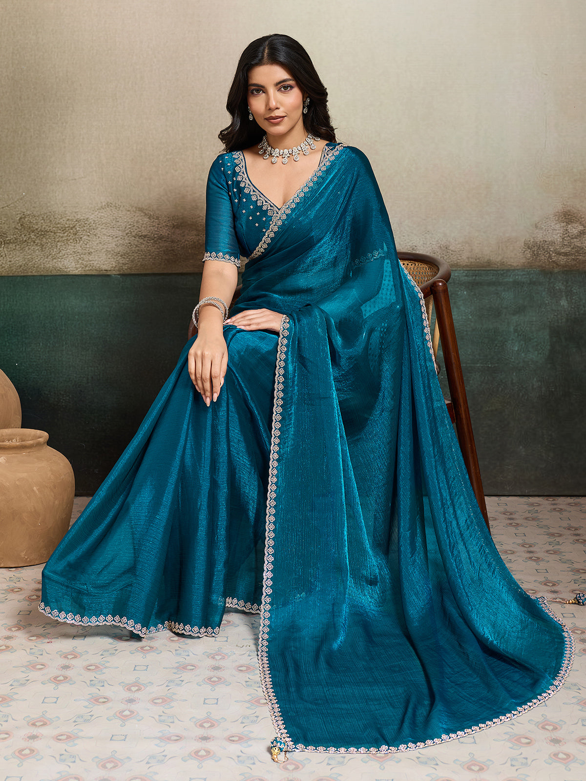 Rama blue fandy chiffon saree for party