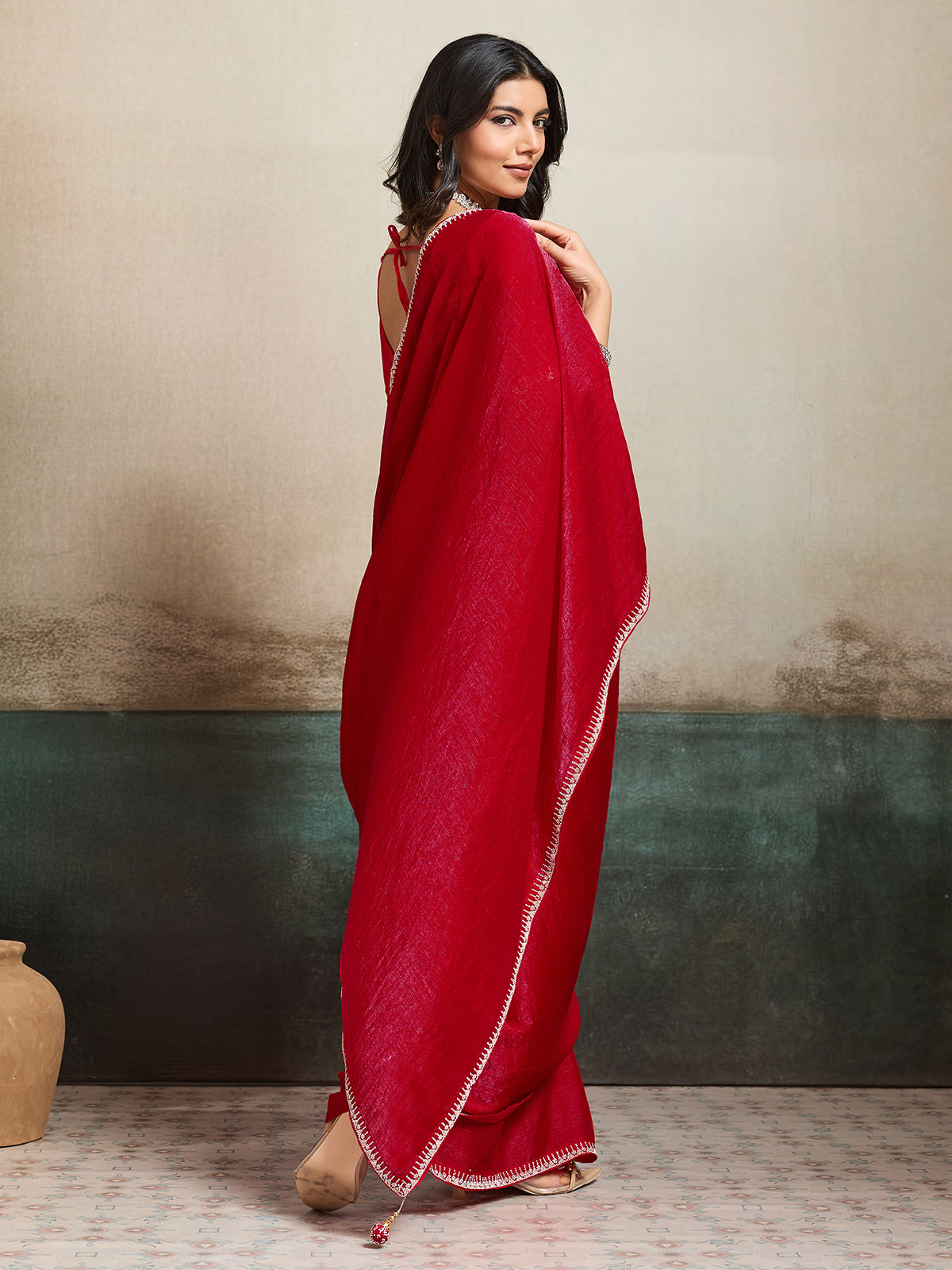 Red party wear fandy chiffon saree