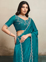 Rama green fandy chiffon saree with stones detailing