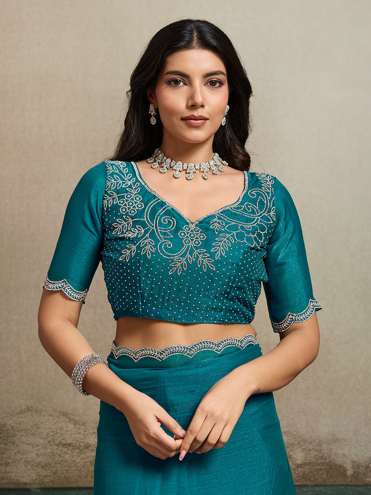 Rama green fandy chiffon saree with stones detailing