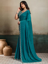 Rama green fandy chiffon saree with stones detailing