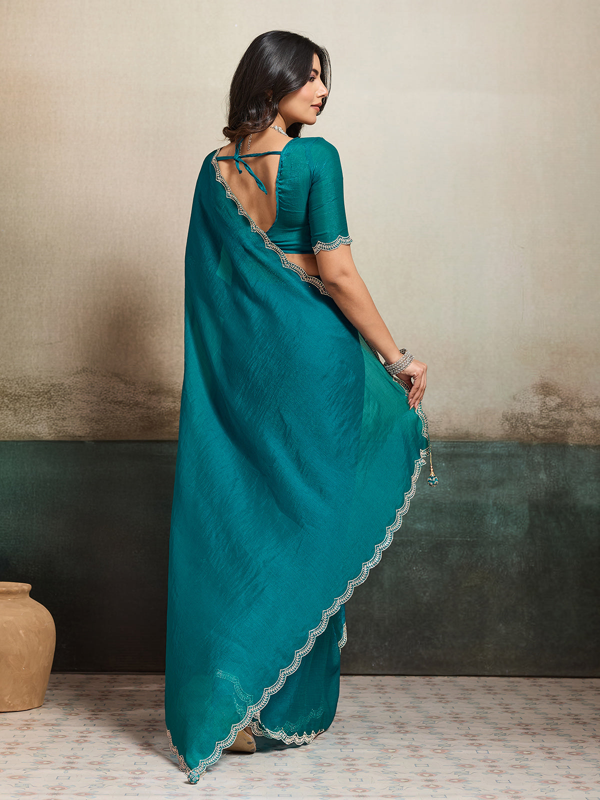 Rama green fandy chiffon saree with stones detailing