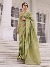 Pista green kurra silk saree with motif weaving