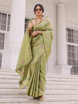 Pista green kurra silk saree with motif weaving