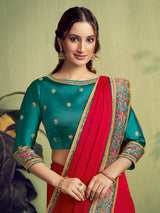 Red satin party wear saree