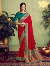 Red satin party wear saree