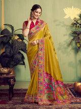 Mustard yellow festive wear saree in upada silk