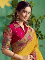 Mustard yellow festive wear saree in upada silk