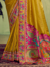 Mustard yellow festive wear saree in upada silk