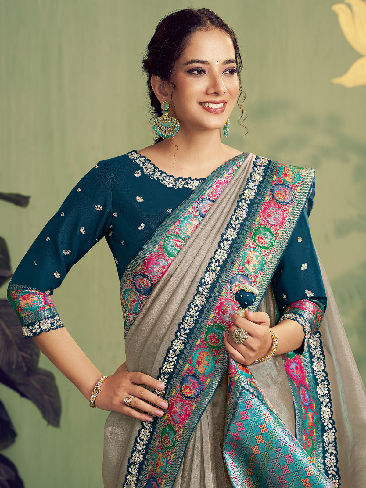 Grey tissue silk saree with resham and sequins work