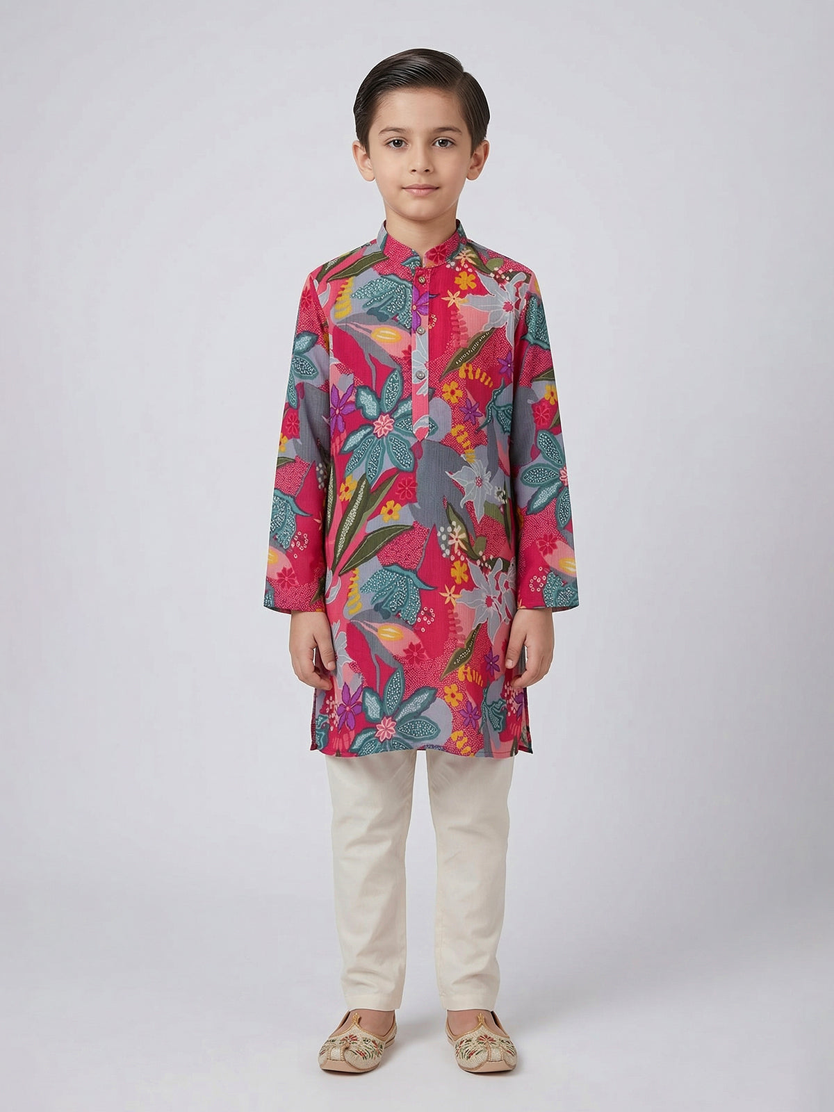 Rani pink festive bloom cotton silk kurta suit