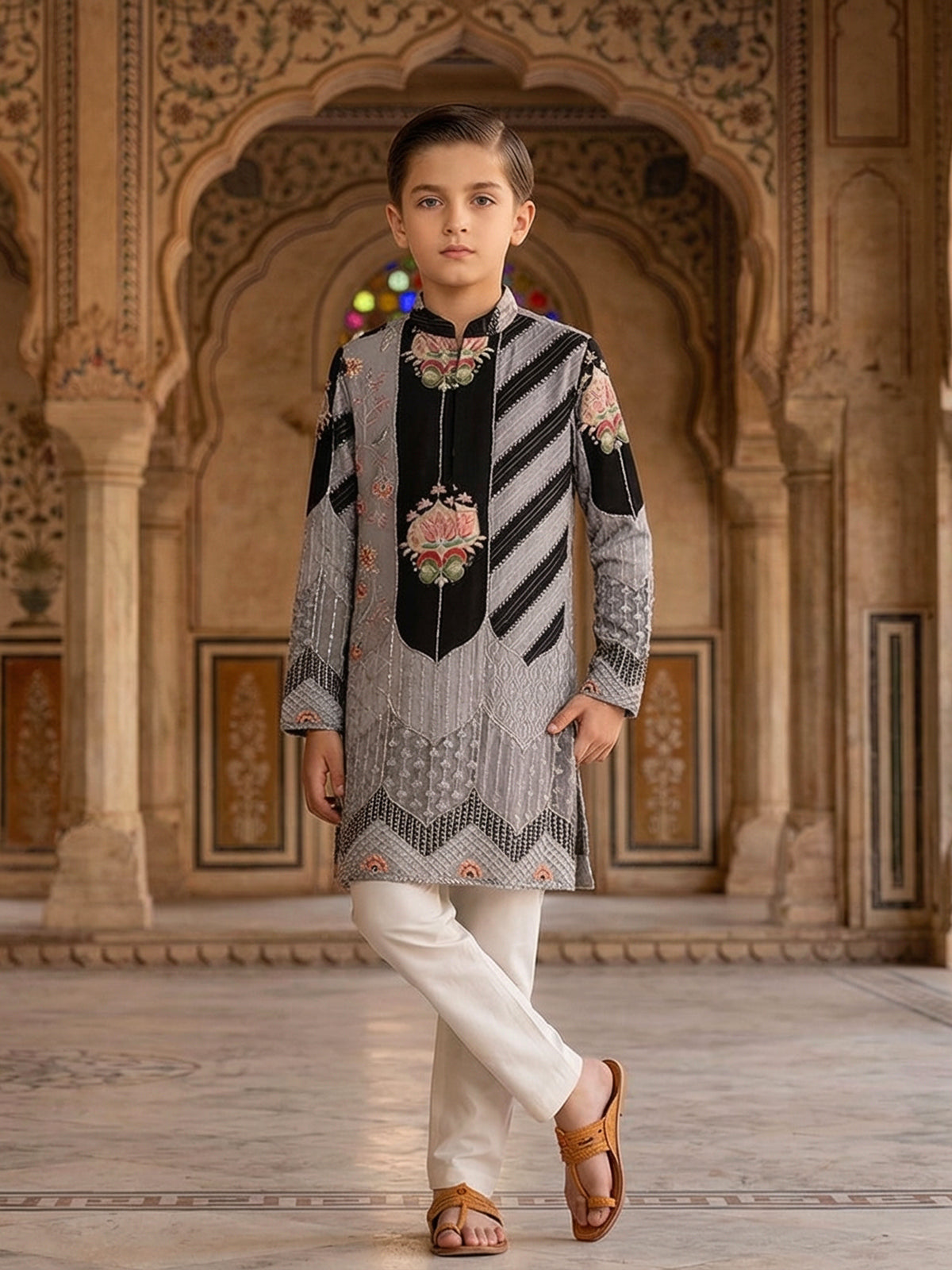 Grey and black silk printed resham sequined kurta suit