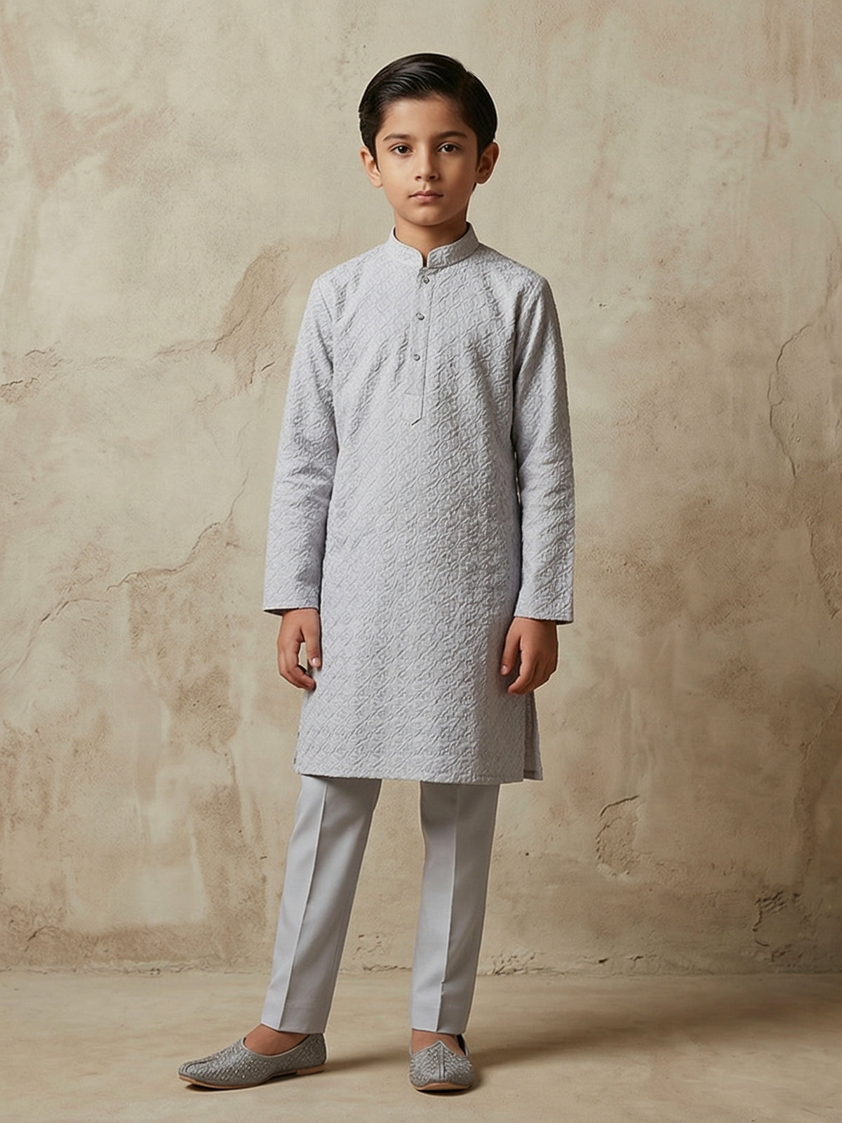 White lucknowi georgette boys kurta suit