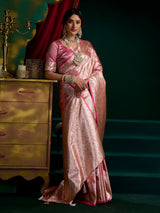 Shiny pink banarasi silk saree