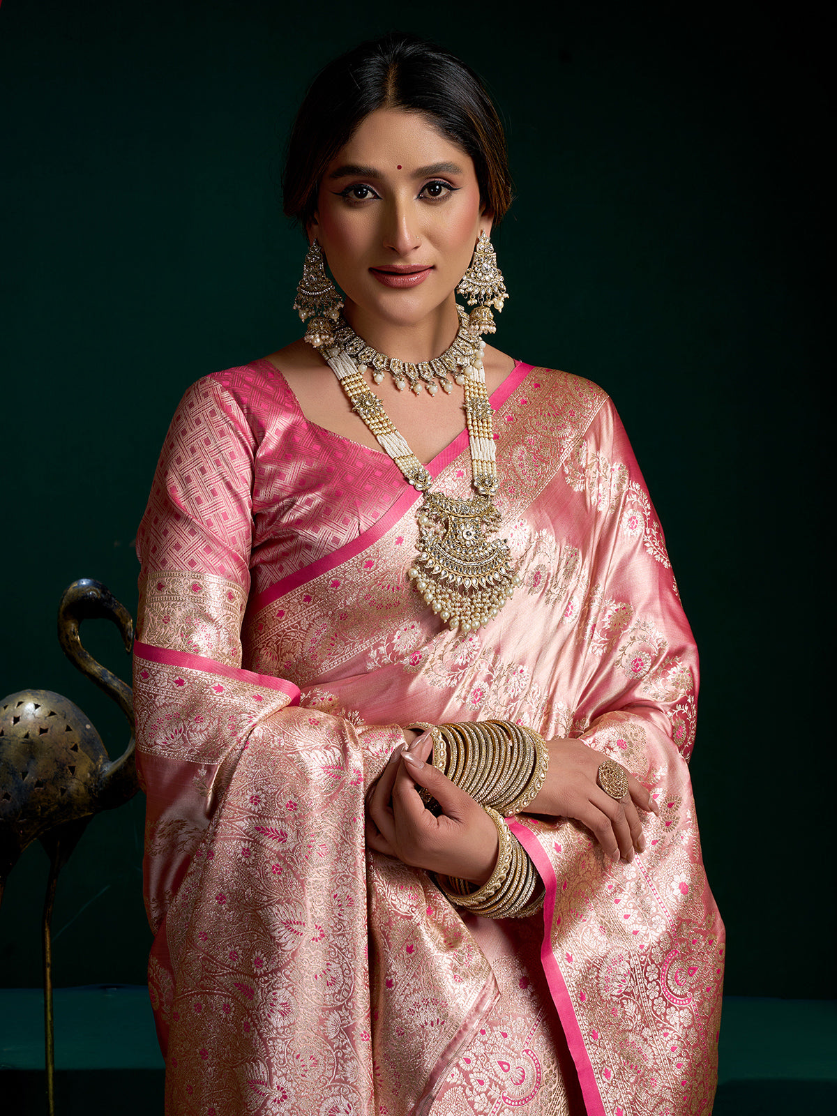 Shiny pink banarasi silk saree