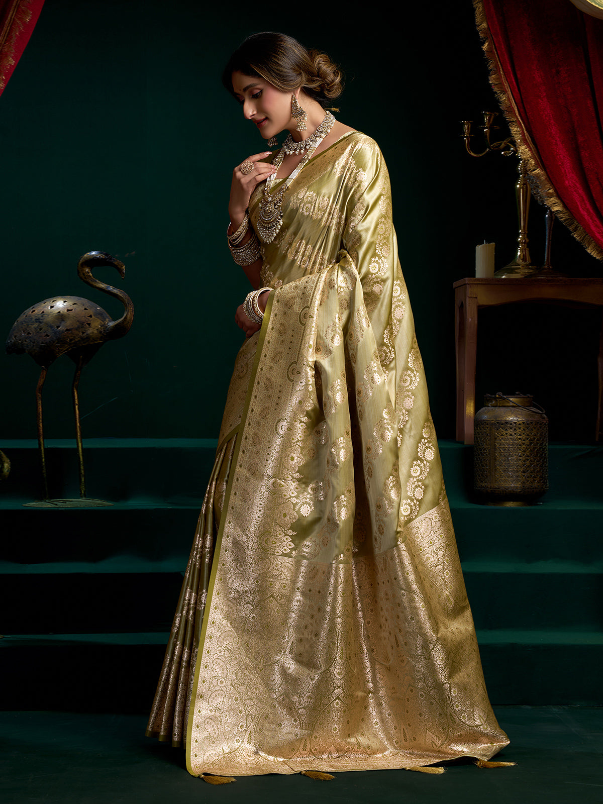 Sage green zari weaving banarasi silk saree
