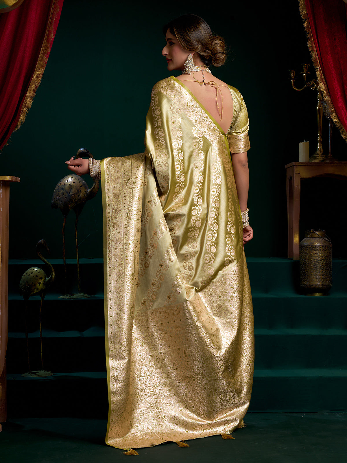 Sage green zari weaving banarasi silk saree