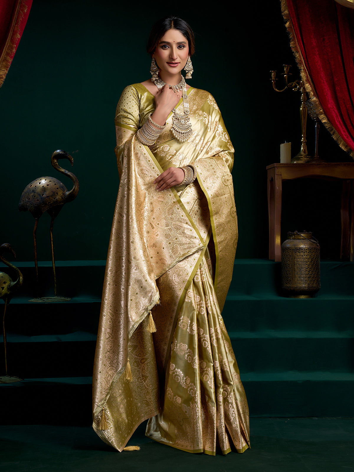 Sage green zari weaving banarasi silk saree