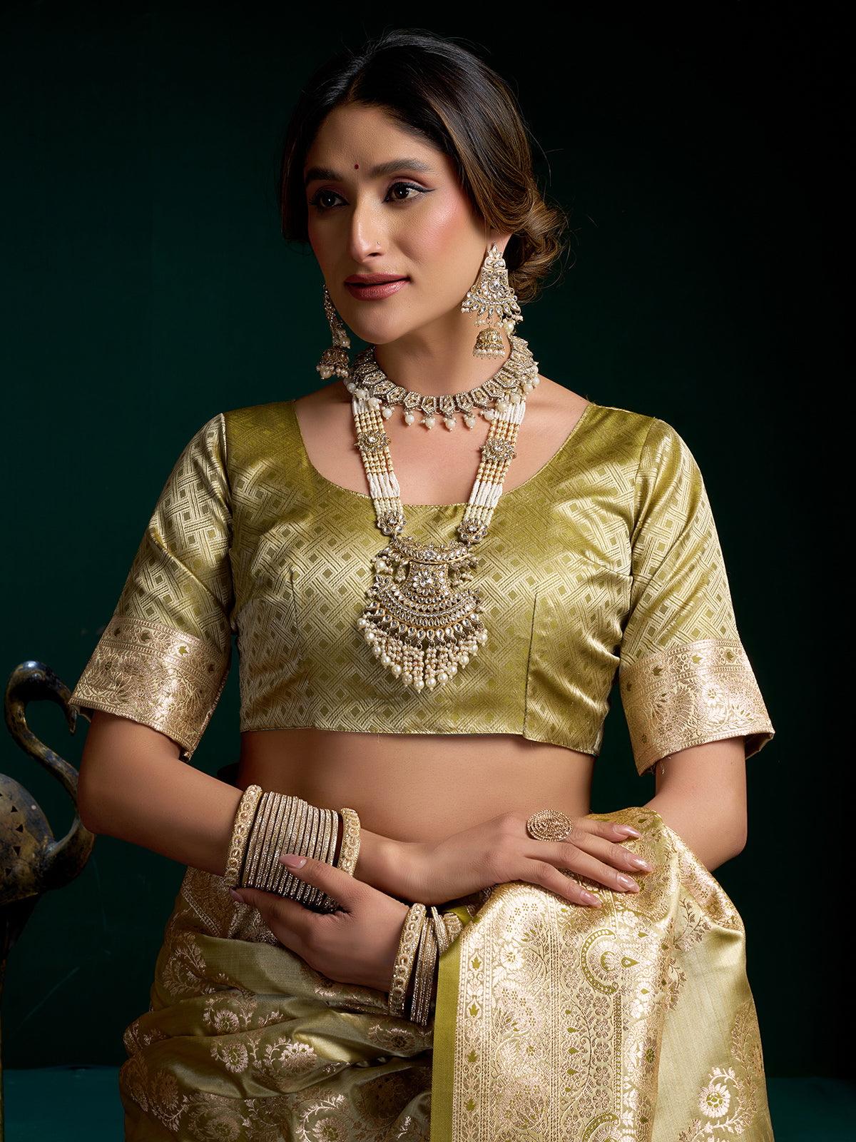 Sage green zari weaving banarasi silk saree